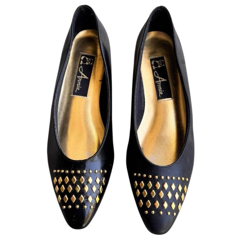90s Annie Black faux leather with gold studded toe flats size 7,5